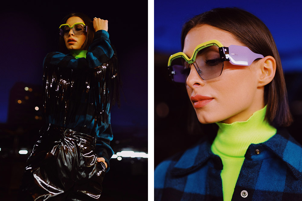 Unisex single lens Miu Miu sunglasses in grey and lime. 